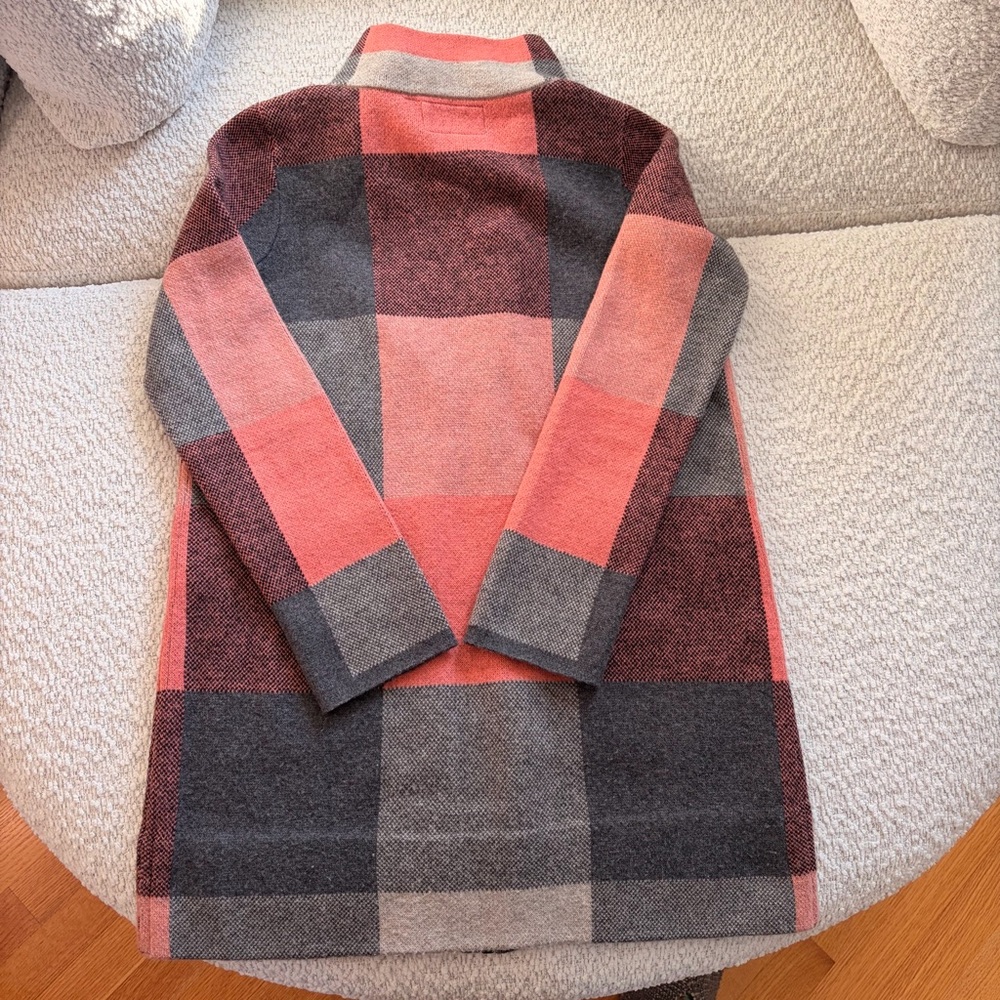 Anthropologie Coral and Charcoal Checkered Pea Coat
